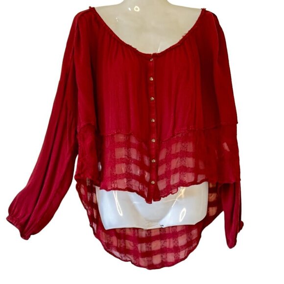 Free People Gauze Rainy Day Swing Blouse Oversized Burgundy Lace at Hem  Size XS - Picture 2 of 10